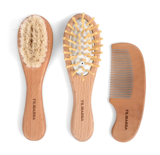 Set brosses et peigne bébé en bois avec pochette en coton