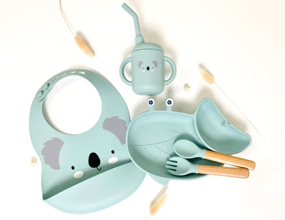 Pack repas en forme de Baleine + bavoir animaux + verre à paille pour enfant Bleu