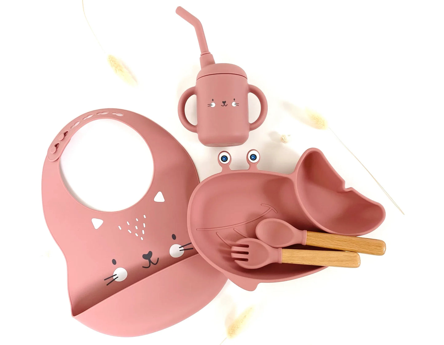 Pack repas en forme de Baleine + bavoir animaux + verre à paille pour enfant Rose