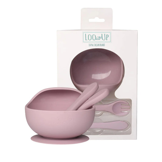 Bol avec ventouse et couverts - Rose
